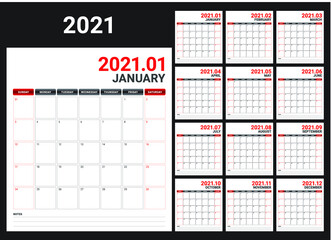 Year 2021 desk calendar vector illustration, simple and clean design. 
