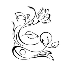 ornament 1334. one stylized flower Bud on a curved stem with leaves and curls in black lines on a white background