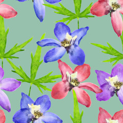 Delphinium, larkspur. Illustration, texture of flowers. Seamless pattern. Floral background, photo collage for production of textile, cotton fabric. For wallpaper, covers