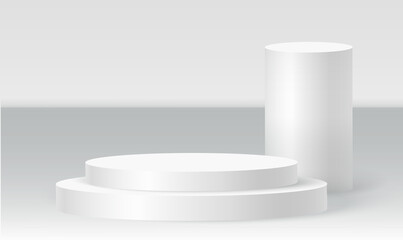 Cylinder podium scene, winner pedestal. White cylinder template for showroom podium scene. Vector white pedestal for product presentation.