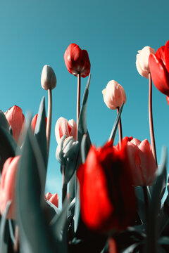 Looking up at tall tulips and blue sky