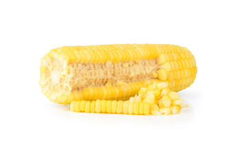 Boiled yellow corn cut close up on white background