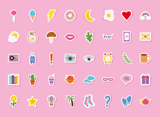 cute stickers flat style 40 icon set design, badges ornament and fashion theme Vector illustration
