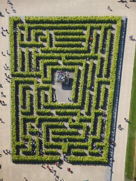 Aerial view, labyrinth, hedge maze, Landesgartenschau Hemer Country Garden Exhibition, Hemer, Maerkischer Kreis area, Sauerland district, North Rhine-Westphalia, Germany, Europe