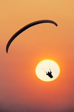 Paraglider against the sun, sunset