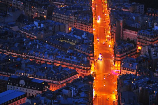 A Parisian boulevard at nightfall, dusk, seen from above, Paris, Ile-de-France, France, Europe