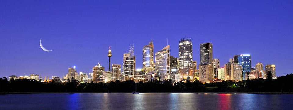 Panorama shot skyline of Sydney, moon, TV Tower, Central Business District, night shot, Sydney, New South Wales, Australia, Oceania