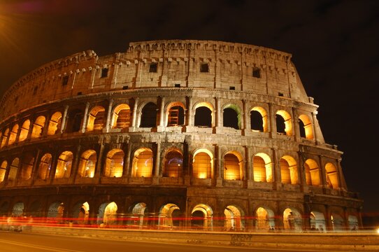 Exterior view of the Colosseum at night, Rome, Italy, Europe