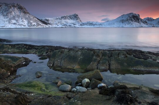 Dusk in Haukland, Vikbukta Bay on the Island of Vestvagoya, Lofoten Islands, Northern Norway, Norway, Europe