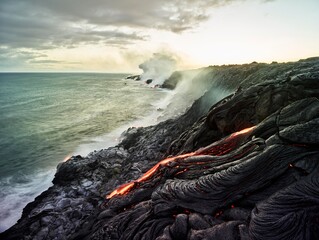 Pu'u 'O'o or Puu Oo volcano, eruption, lava, glowing hot lava flows, Hawai'i Volcanoes National Park, Hawaii, USA, North America