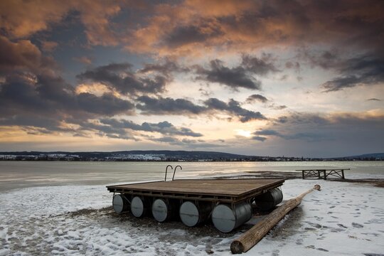Floating pontoon in winter on Lake Constance, evening, Germany, Europa, Europe