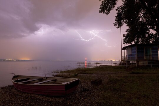 Thunderstorm on Lake Constance, lifeboat and rescue house in Constance, Baden-Wuerttemberg, Germany, Europe