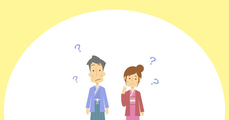 晴れ着姿で疑問を抱く男女のアイキャッチ向け素材