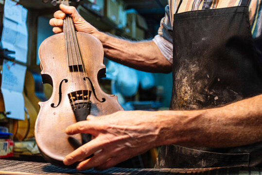 Violin maker examining violin for repairing at workshop
