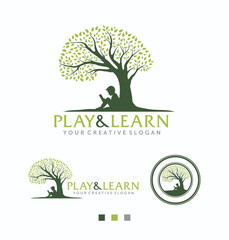 Obraz premium Education Logo, Boy reading book, Preschool Logo Vector