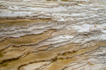 Naklejka na ściany i meble Close up view of the mineral terraces formed at Mammoth Hot Springs in Yellowstone National Park. Useful for abstract backgrounds