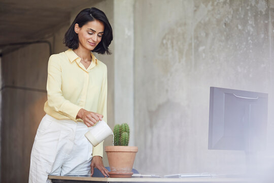 Smiling female entrepreneur watering cactus plant on desk in office