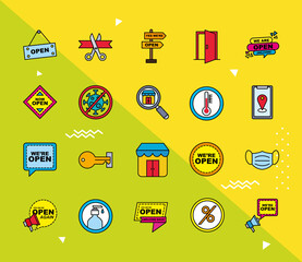we are open line and fill style set icons design of Shopping commerce and covid 19 theme Vector illustration