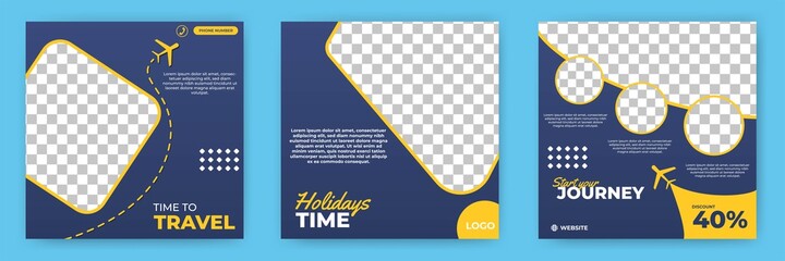 Set of editable square background. Modern social media post template with travel theme. Usable for social media post, banner and web internet ads.