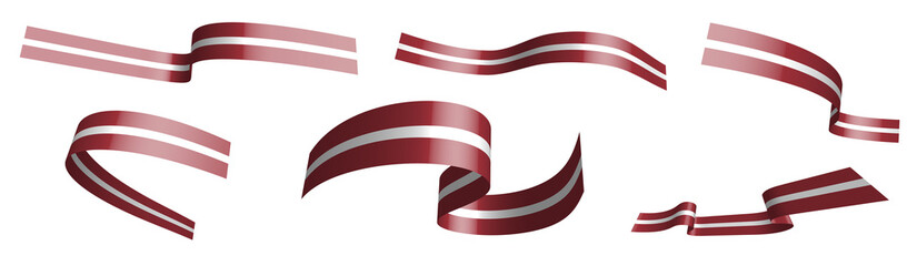 Set of holiday ribbons. flag of Latvia waving in wind. Separation into lower and upper layers. Design element. Vector on white background