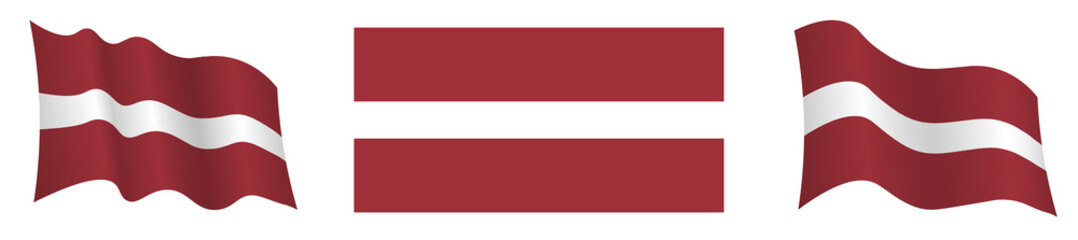 flag of Latvia in static position and in motion, developing in wind in exact colors and sizes, on white background