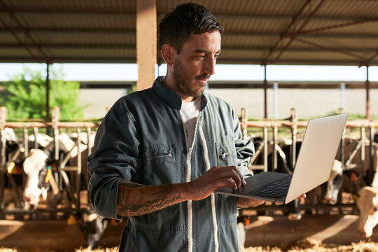Farmer using laptop while standing near livestock at farm