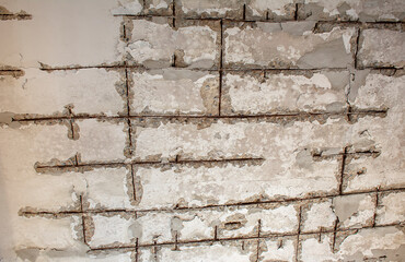 White black grey concrete wall, floor with cracks, Rusty iron building pillar for home