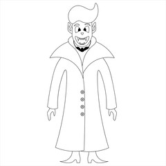 Vampire. Sketch. Count Dracula. Vector illustration. Coloring book for children. Outline on an isolated white background. Doodle style. Halloween symbol. Angry grin. Stylish haircut. All Saints Day.