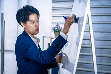 Naklejka na ściany i meble Asian Young Business tomboy lesbian putting his ideas on white board during a presentation in front of whiteboard in the room at office