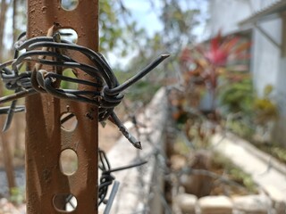 An old rusty barbed wire fence in a farmland