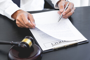 Lawyer or judge present client with contract document papers, Law and Legal services concept