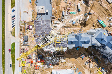 construction of new apartment building. development of new city residential area. drone point view