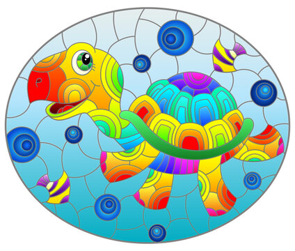 A stained glass illustration with a funny rainbow cartoon turtle on a blue background, oval image