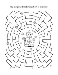 Maze game and coloring page for kids: Help the gingerbread man get out of the maze!
