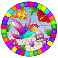 Illustration in stained glass style with a bright Hummingbird bird on the background of the sky and flowers of orchids and hibiscus, oval image in bright frame 
