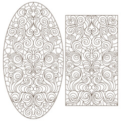 Set contour illustrations of stained glass with abstract swirls and flowers , vertical orientation