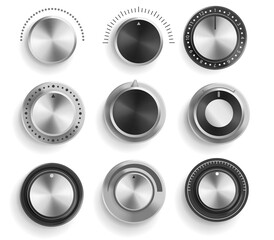 Vector set of black and chrome volume control buttons isolated on white background. Realistic 3d metal sound knobs. Tune and volume round button with scale - obrazy, fototapety, plakaty