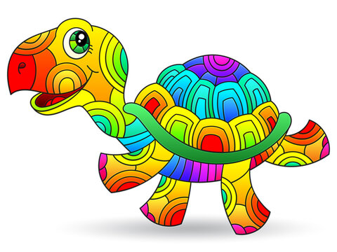 Illustration with a stained glass element, cute cartoon rainbow turtle isolated on a white background