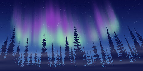 Fantasy on the theme of the northern landscape. Dusk and polar lights. Vector illustration, EPS10