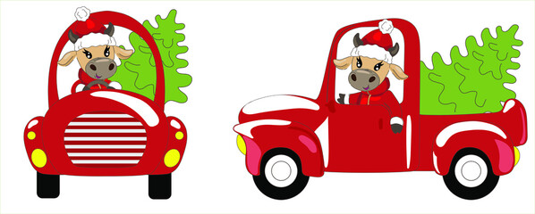 Cow rides in red car and carries tree in trunk. New Year card. Christmas Print on Pajamas, T-shirt, Sweatshirt. 