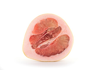 Cut half of red heart grapefruit on white background
