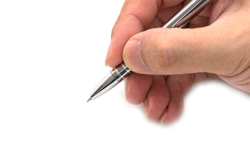 Holding a pen on white background