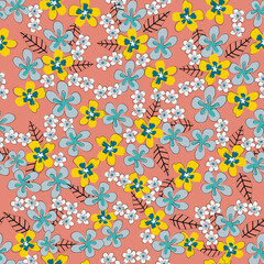 Blooming meadow seamless pattern. Trendy color for fashion. wallpapers, and print. A lot of flowers.  Ditsy style. Pressed flowers. Trendy floral design