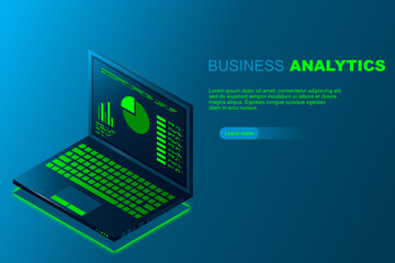 Concept business strategy, Web banner with laptop, Analysis data and Investment, Technology theme, Financial review with laptop and infographic elements, 3d isometric, Vector illustration.