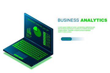 Concept business strategy, Web banner with laptop, Analysis data and Investment, Technology theme, Financial review with laptop and infographic elements, 3d isometric, Vector illustration.