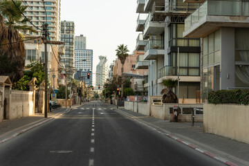 ISRAEL, Tel Aviv - 28 September 2020: Empty streets during Coronavirus quarantine. Empty streets during Covid 19 pandemic. No people. No Business, No market. Coronavirus crisis lockdown. Yom Kippur