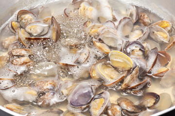 鍋でアサリを煮る