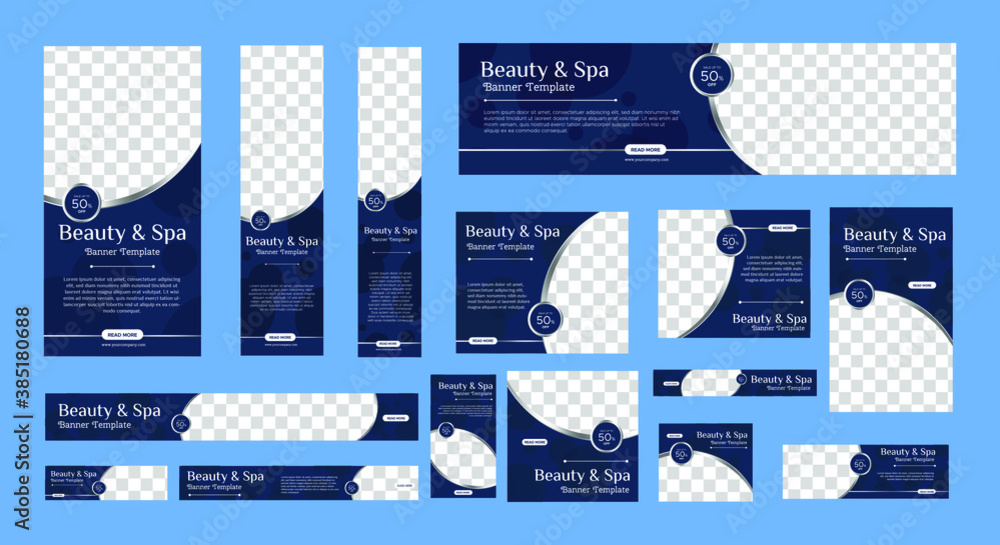 Wall mural spa banner collection with place for photo. web banner layout. vertical, horizontal and square templ