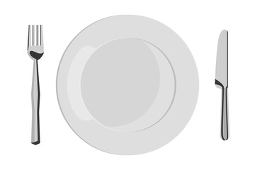 Empty white plate with fork and knife in flat design
