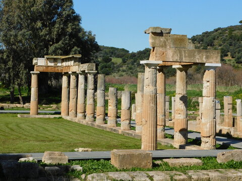 The ancient sanctuary of Artemis. Columns of the arcade or stoa before the temple, in Brauron or Vravrona, Attica, Greece